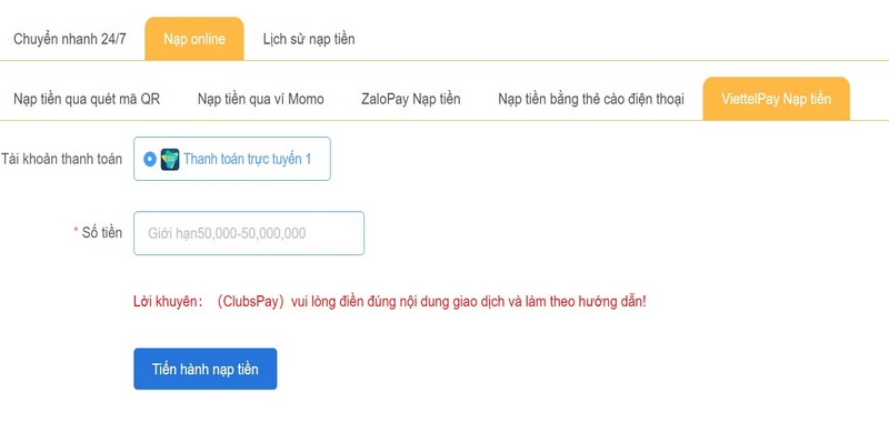 Vào Viettel Pay để nạp tiền vào nhà cái